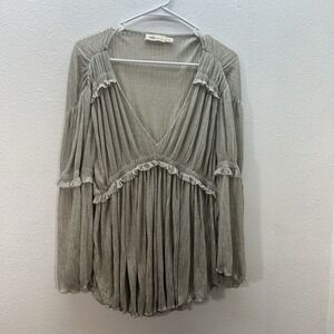 Y2K Fairycore Boho Babydoll Long Bell Sleeve Top Womens L Tan Festival Bohemian